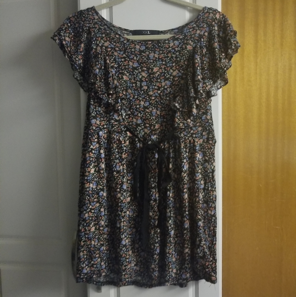🍁🌺🌻XXI Forever 21 retro babydoll style floral multi colour top w ruffles/tie
